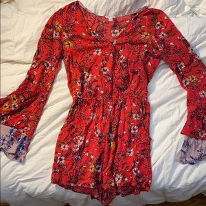 Red Floral Romper with Belle Sleeves